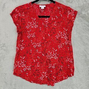 Liz Claiborne Top Womens S Red Floral Cap Sleeve Button-Up Rayon V-Neck Tunic
